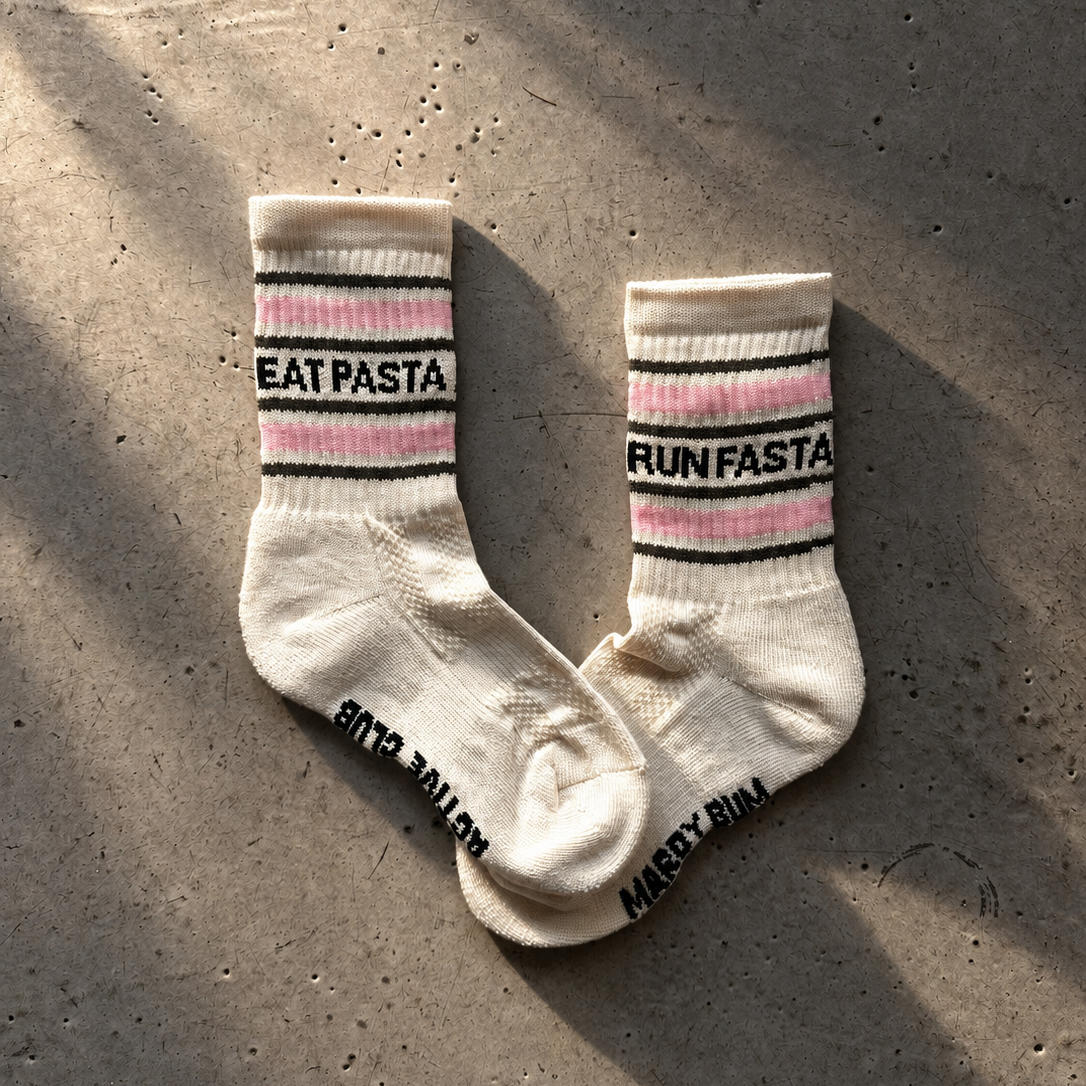 Eat Pasta Run Fasta: Slogan Sports Socks- Cream, Green and Pink: Medium (M) / Cream