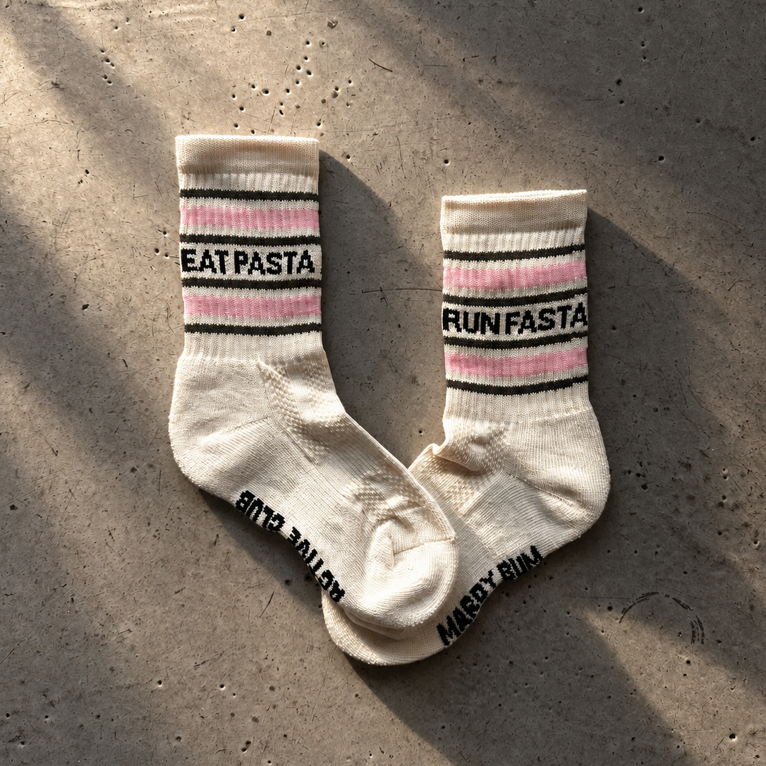 Eat Pasta Run Fasta: Slogan Sports Socks- Cream, Green and Pink: Small / Cream