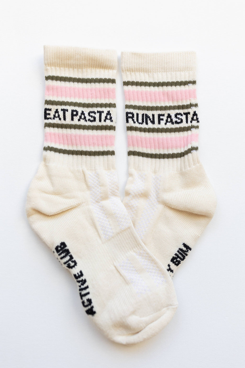 Eat Pasta Run Fasta: Slogan Sports Socks- Cream, Green and Pink: Medium (M) / Cream