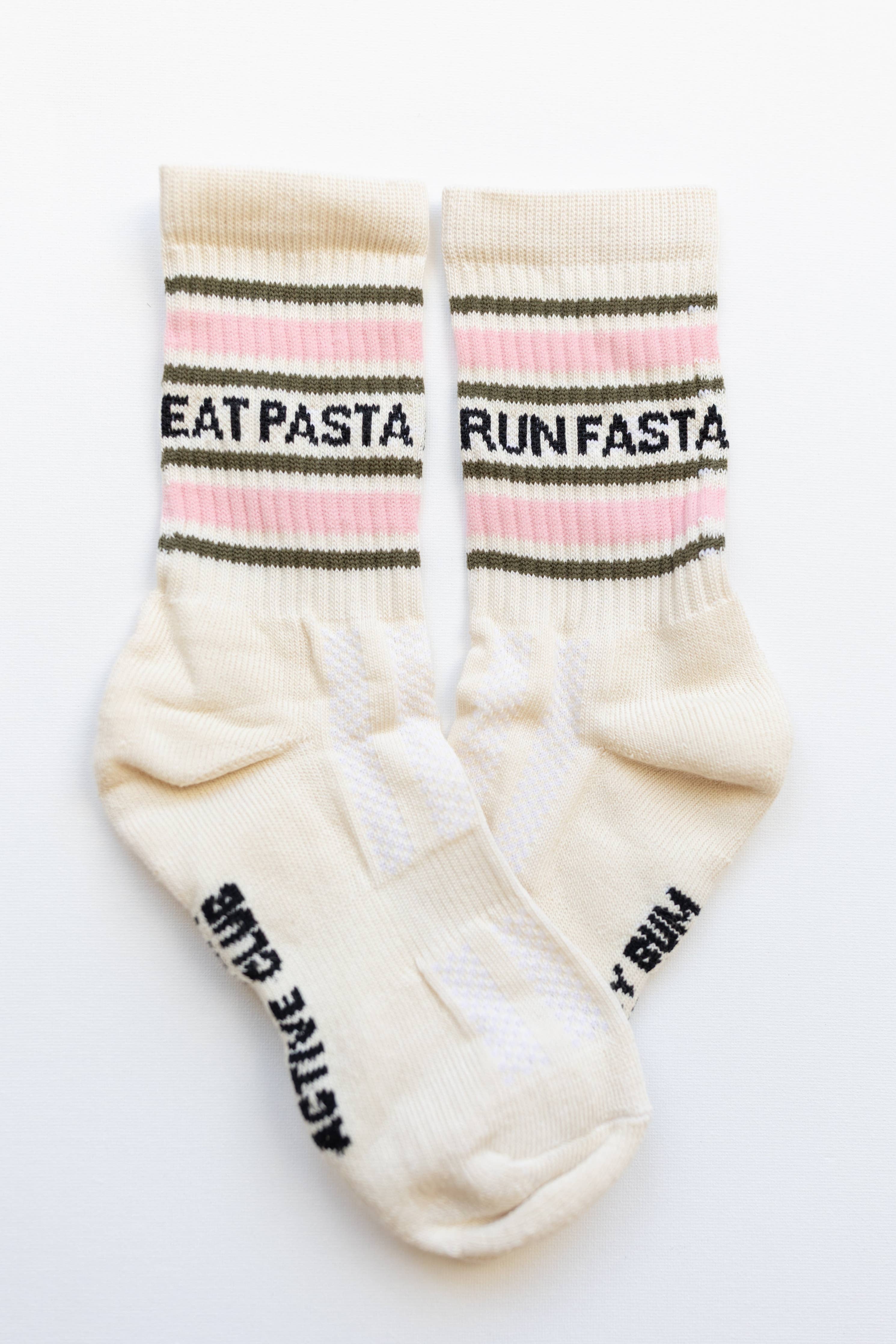 Eat Pasta Run Fasta: Slogan Sports Socks- Cream, Green and Pink: Small / Cream