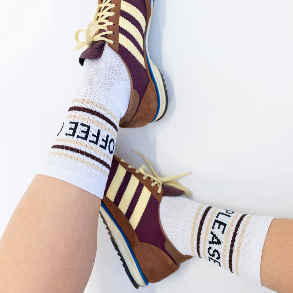 Coffee Please Slogan Sports Socks: Small / White