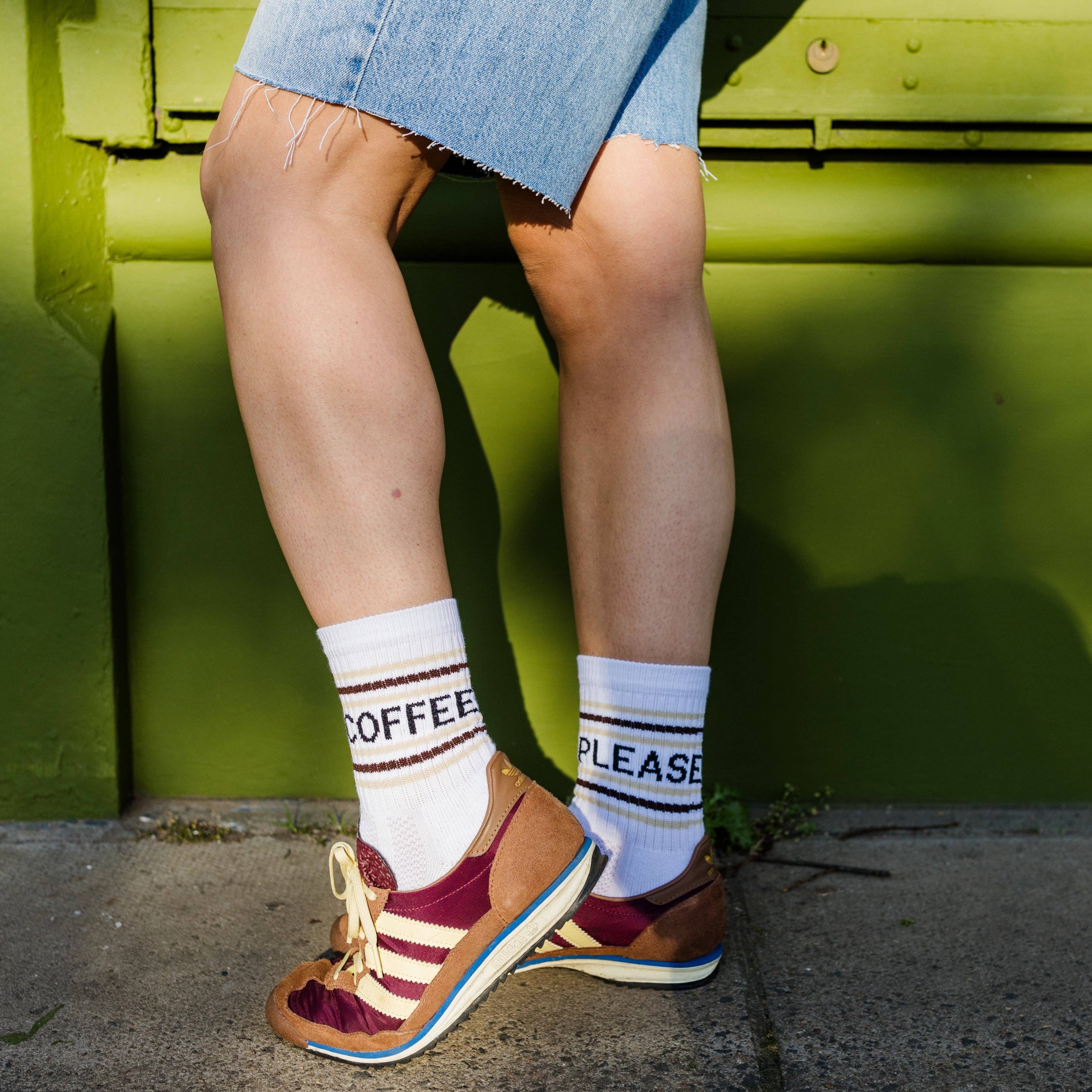 Coffee Please Slogan Sports Socks: Medium (M) / White