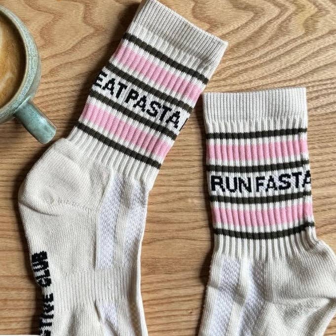 Eat Pasta Run Fasta: Slogan Sports Socks- Cream, Green and Pink: Small / Cream