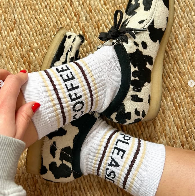 Coffee Please Slogan Sports Socks: Small / White