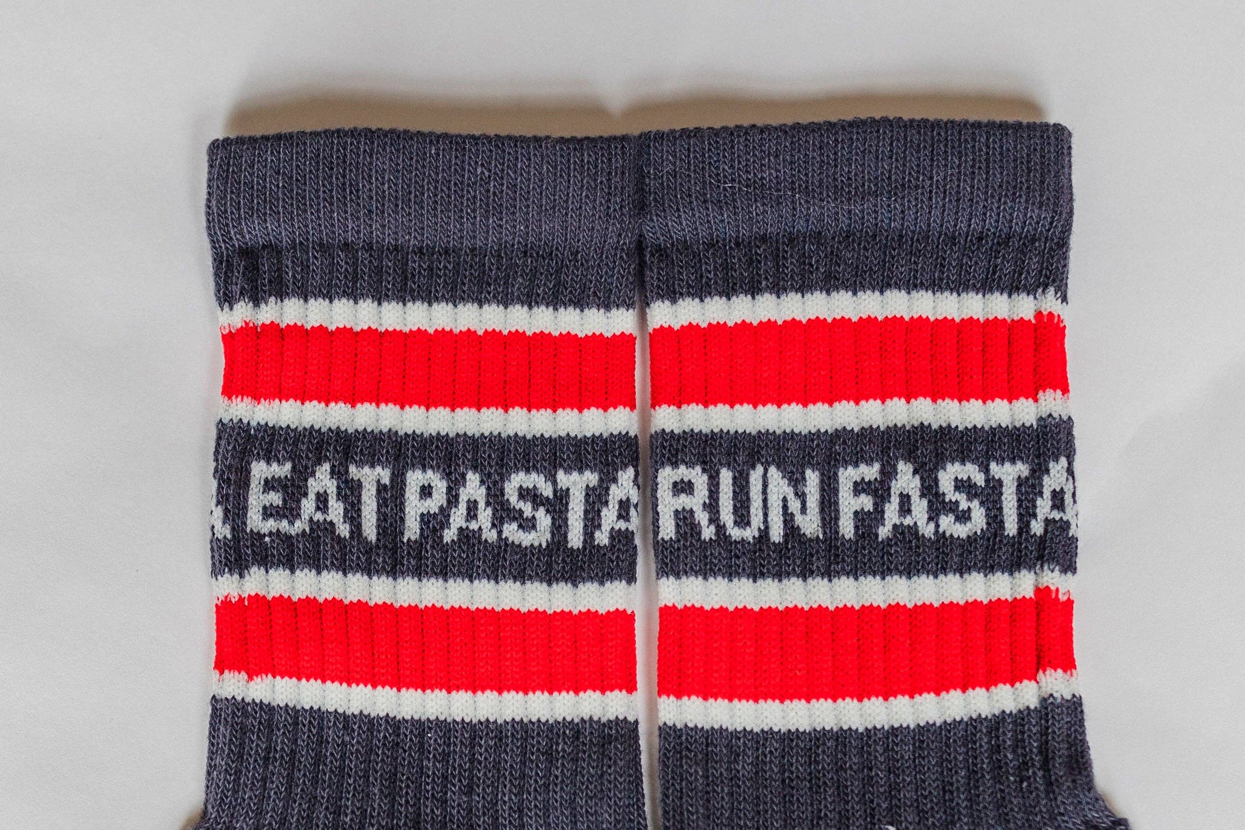 Eat Pasta Run Fasta: Slogan Sports Socks- Cream, Green and Pink: Small / Cream