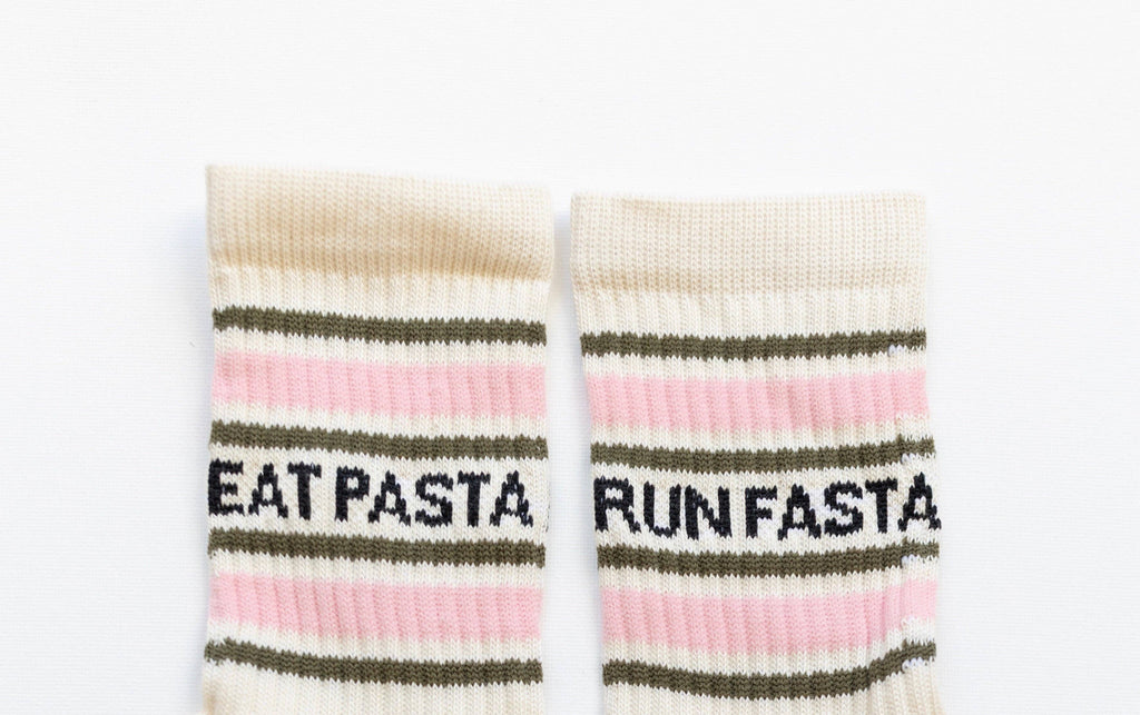 Eat Pasta Run Fasta: Slogan Sports Socks- Cream, Green and Pink: Small / Cream