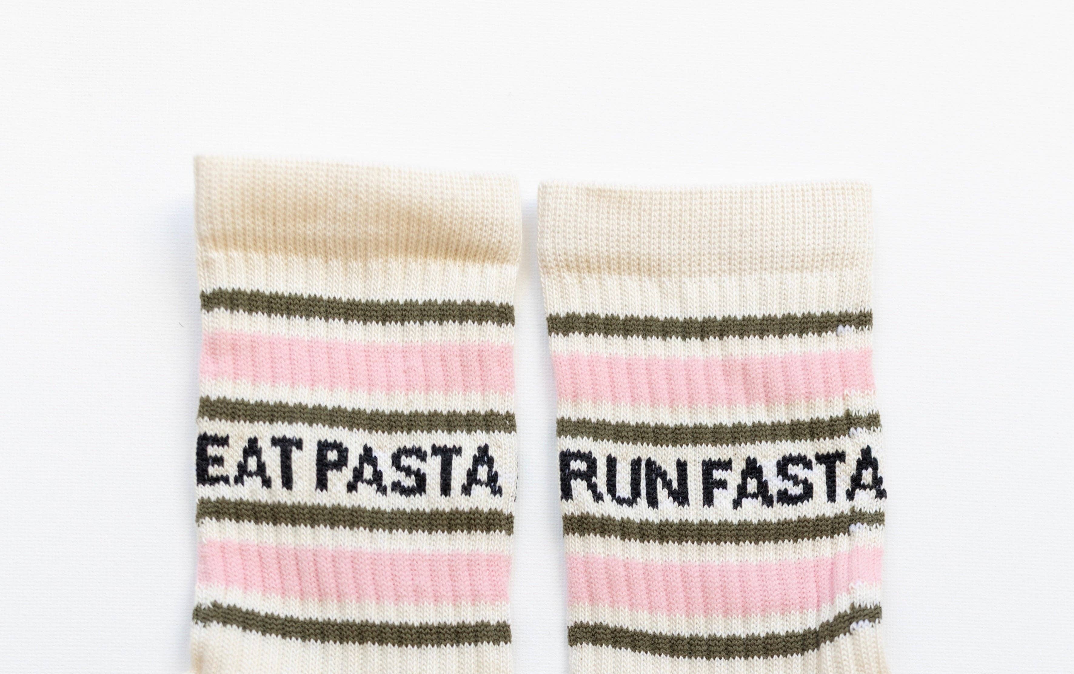 Eat Pasta Run Fasta: Slogan Sports Socks- Cream, Green and Pink: Small / Cream